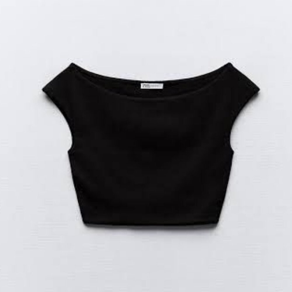 Zara Black Cotton Boat Neck Cap Sleeve Stretch Casual Cropped Top Size M NEW!